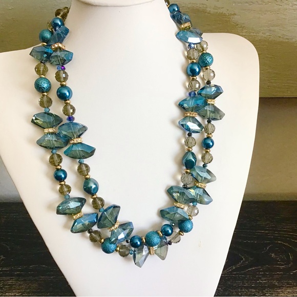 Royal Blue Crystals Pearls Statement Necklace Two Strand Sapphire Gold Rhineston - Picture 4 of 10